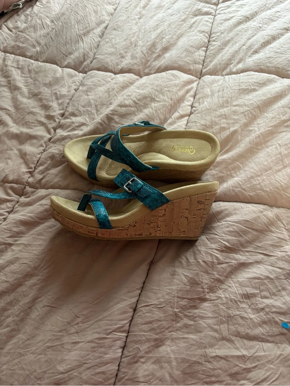 Teal Strappy Wedge Sandals with Buckle by Cherokee